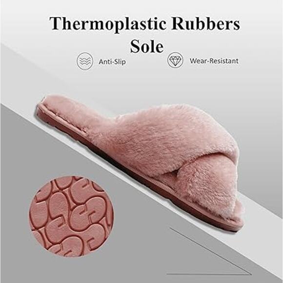 Crazy Lady Womens Size 8 Pink Fuzzy Fluffy Slide On Rubber Sole House Slippers - Picture 3 of 7